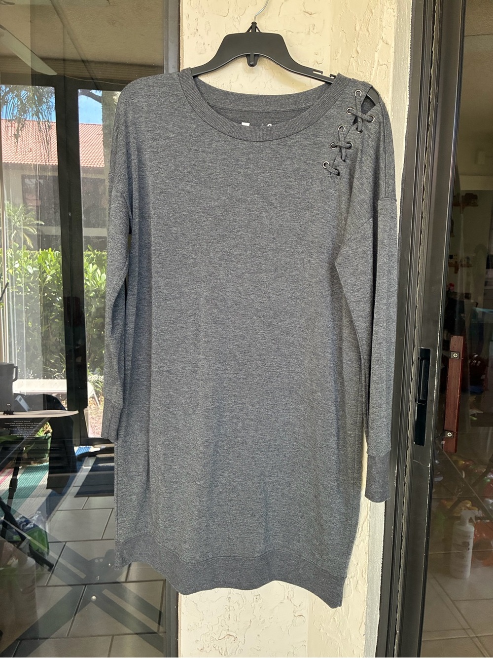 Xersion Charcoal Gray Lace-Up Shoulder Midi Sweater Dress